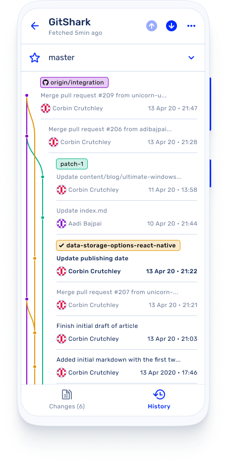 A GitShark feature that allows you to see your commit history throughout a project